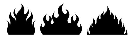 Fire flames icon set, black silhouette. Vector illustration isolated on white background.のイラスト素材