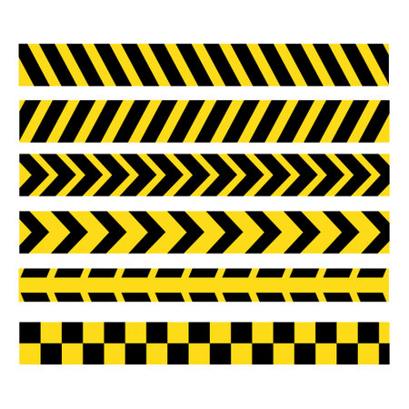 Collection of Yellow and Black Warning Tape Patterns vector isolated on white backgroundのイラスト素材