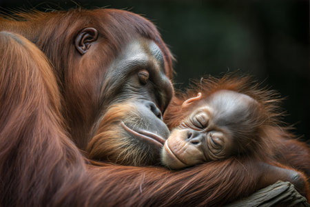 Mother and baby of the orangutan in the wild nature.の写真素材