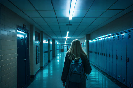 Back view of young woman with backpack standing in corridor of school hallwayの写真素材