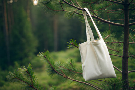 Reusable shopping bag hanging on a pine branch. Zero waste concept.の写真素材
