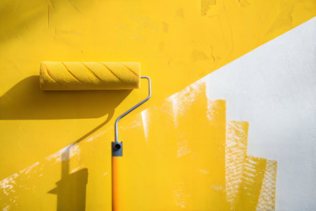 Paint roller on yellow wall background. Construction concept. Copy space.の写真素材