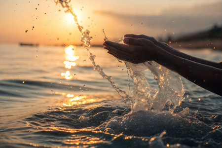 Woman's hands are splashing water in the sea at sunset.の写真素材