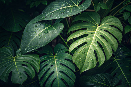 Tropical leaves with rain drops. Green nature background. Dark tone.