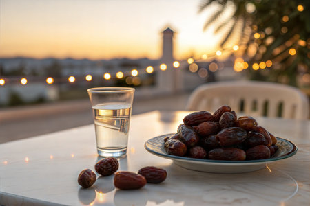 A glass of water and a plate of dates on the table against the background of the sunset.の写真素材