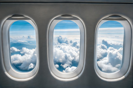 Airplane window view of cloudscape with blue sky. Travel concept.の写真素材
