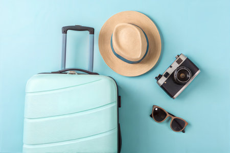 Summer travel concept. Suitcase, hat, sunglasses and camera on blue backgroundの写真素材