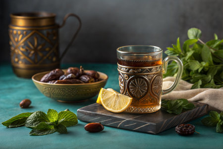 A cup of tea with dates, mint and lemon on a dark backgroundの写真素材