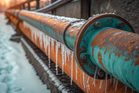 Closeup of an old rusty pipe covered with ice and icicles