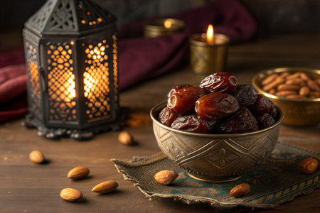 Ramadan Kareem background with dates fruits and lantern on wooden table