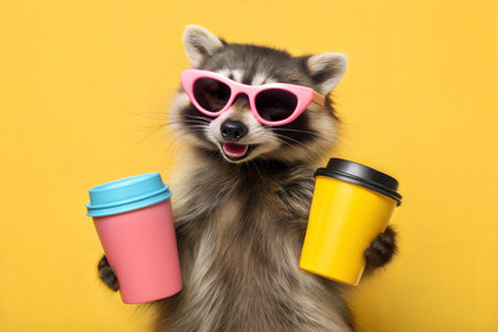 Cute raccoon in sunglasses with two coffee cups on yellow backgroundの写真素材