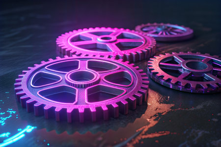 3d rendering of gears and cogs in neon light on dark backgroundの写真素材