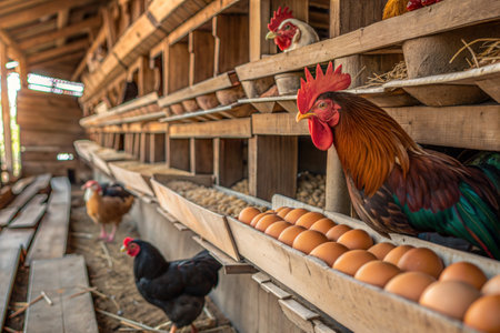 Rooster and chicken eggs on the farm. Selective focus.