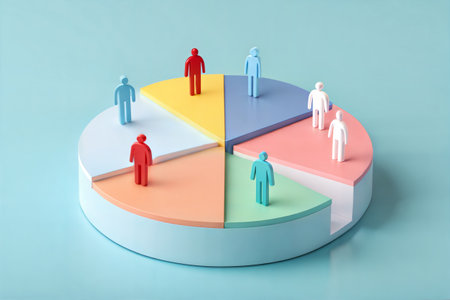 3d illustration of colorful pie chart with people figures on blue backgroundの写真素材