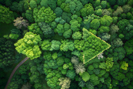 Aerial view of green forest. Top view of green forest with road