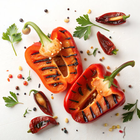Grilled red bell peppers with parsley and spices on white backgroundの写真素材