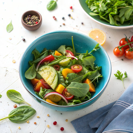 Fresh salad with arugula, avocado and cherry tomatoes in a blue bowl on white background