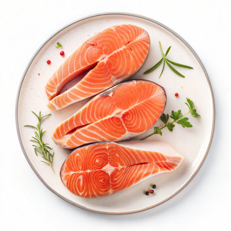Raw salmon fillet with herbs on white background. Top view.の写真素材