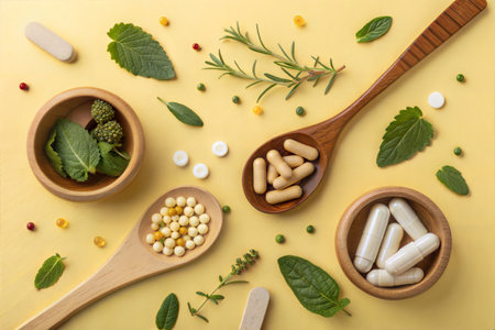 Herbs and pills in wooden spoons on a yellow background.の写真素材