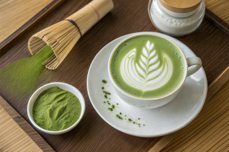 hot matcha latte in white cup on wooden table, stock photoの写真素材