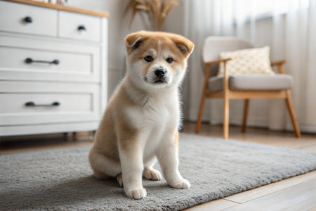 Adorable puppy sitting on carpet in living roomの写真素材