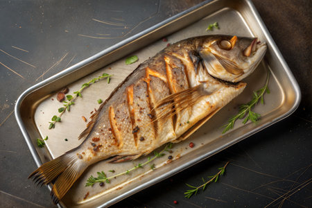 Grilled fish on a baking sheet with thyme and rosemary
