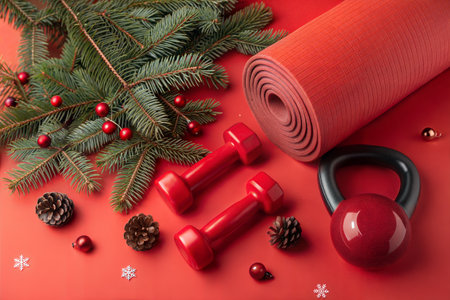 Dumbbells, yoga mat, fir branches and Christmas decorations on red backgroundの写真素材