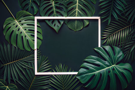 Creative layout made of tropical leaves. Flat lay, top view minimal summer concept.の写真素材