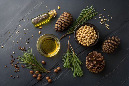 Cedar oil in a glass bottle, pine cones and nuts on a black backgroundの写真素材
