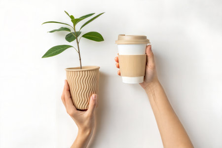 Female hands with paper cup of coffee and green plant on white backgroundの写真素材