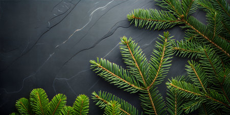 Christmas tree branches on black marble background. Top view with copy spaceの写真素材