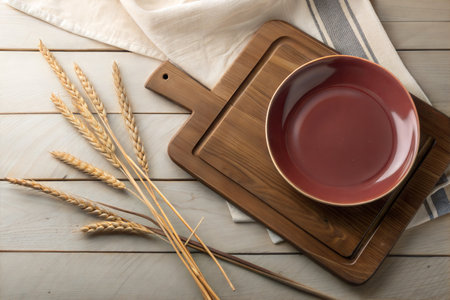 Wooden cutting board with cup of hot tea on white wooden tableの写真素材