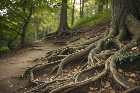 Huge tree roots in the forest on a summer day. Nature backgroundの写真素材
