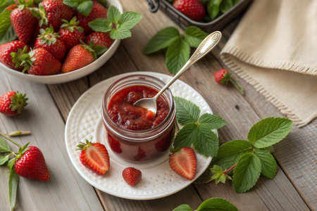 Strawberry jam in a glass jar and fresh strawberries on a wooden backgroundの写真素材