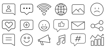 Collection of Modern Social Media and Communication line Icon vector isolated on white backgroundのイラスト素材