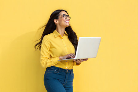 Portrait of a happy young woman using laptop computer over yellow backgroundの写真素材