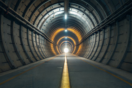Underground tunnel with light at the end of the tunnel.の写真素材