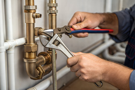 Plumber repairing a heating system with a wrench in a boiler roomの写真素材