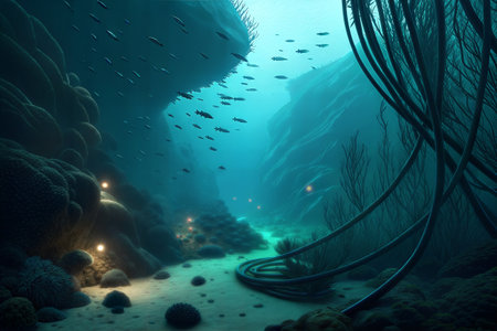 Underwater scene with deep blue water and marine life. 3d renderの写真素材