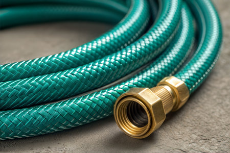Water hose on a grey background. Selective focus. Toned.の写真素材