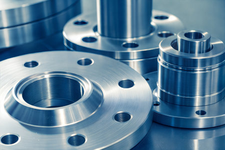 Metal parts and machining tools, close-up. Industrial background.