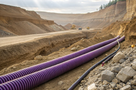 Pipeline on the construction site of a new road in the city
