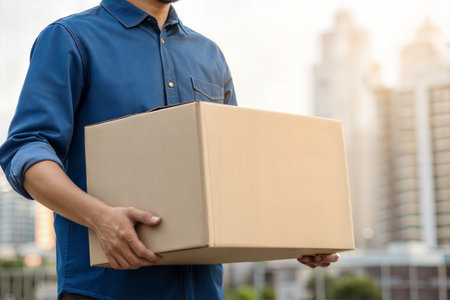 Delivery man holding cardboard box on city background. Delivery and transportation concept.の写真素材