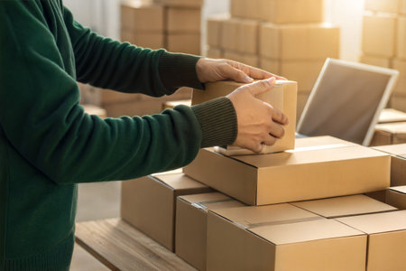 Young woman is working at home, she is packing boxes and using a tablet.