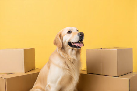 Golden Retriever dog with cardboard boxes on yellow background. Copy spaceの写真素材