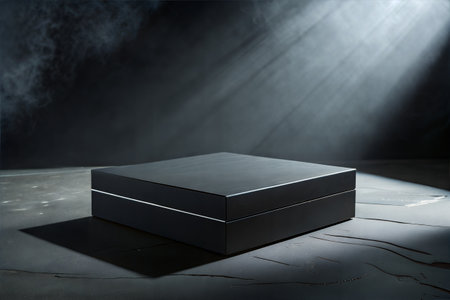 Black box on black background with spotlights. 3d rendering.