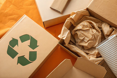 Boxes with different garbage on color background, closeup. Recycling concept