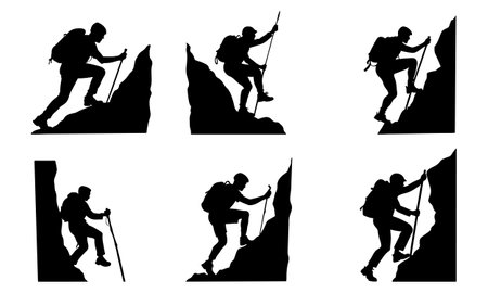 Collection of Hikers Climbing Rocky Terrain Silhouettes vector illustration on white backgroundのイラスト素材