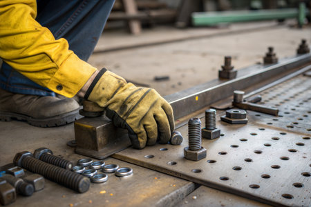 Worker hands in yellow gloves with bolts and nuts on a metal sheetの写真素材