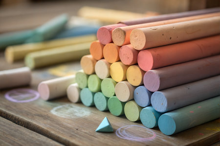 Colorful chalks on a wooden table. Selective focus.の写真素材